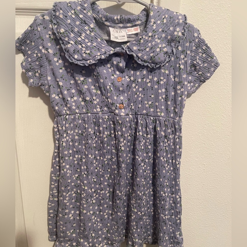 ZARA Kids Blue Floral Short Sleeve Dress Toddler Girls 3-4 Years